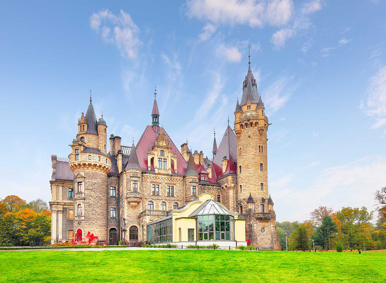 Astonishing autumn landscape with Moszna Castle.